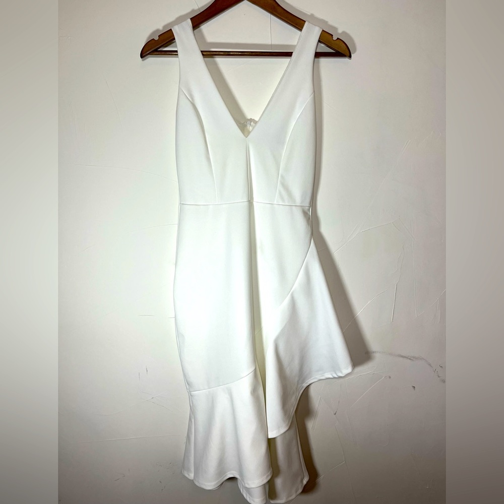 Lulu’s White Bodycon Midi Dress with Layered Ruffled Hem SZ M